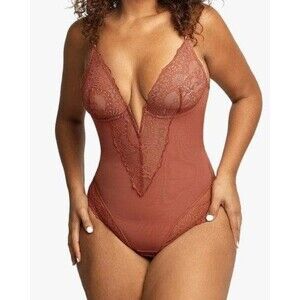 Popilush Shapewear NWT Lace Deep V-neck Sculpting Thong Bodysuit Size XL Brown